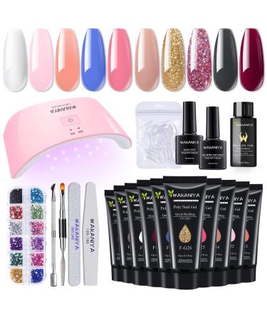 wakaniya Poly Nail Gel Kit with UV Lamp, 10 Pink Gold Red Colors Quick Nail Extension Builder Gel, Complete Poly Gel Nail Kit for Starters DIY French Ombre Nails, with Rhinestone, Nail Forms White Nude Grey Burgundy Red F
