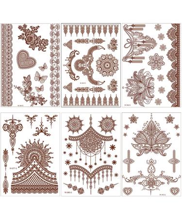 Brown Indian Style Henna Temporary Tattoos for Women - Waterproof Exquisite Designs for Body, Face, Arm Decor - 6 Sheets - Buy Online on SooperMarket.com
