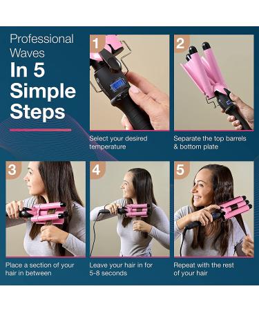 3 Barrel Curling Iron Wand - Triple Barrel Hair Waver for Soft Beach Waves - Dual Voltage, Adjustable Temperature - Pink - Buy Online on SooperMarket.com