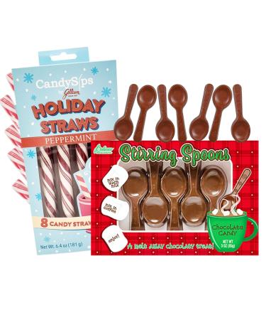 Peppermint Candy Cane Sip Straws with Belgian Milk Chocolate Stirring Spoon Hot Cocoa Bar Supplies Christmas Stocking Stuffer Treats for Adults and Kids Pack of 2