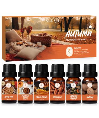 SoulOrigin Autumn Essential Oils Set Fragrance Oil Gift Set for Oil Diffusers for Home Soap Candle Making Scents 6x10ml - Pumpkin Spice Nutmeg Apple Pie Autumn Harvest Cinnamon and Maple Syrup