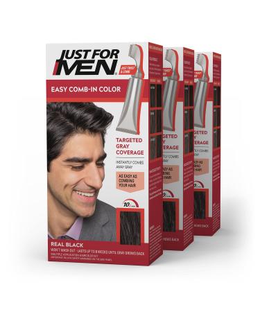 Just For Men Easy Comb-In Color (Formerly Autostop) Mens Hair Dye, Easy No Mix Application - Real Black, A-55, 3 Pack 3 Count (Pack of 1) Real Black