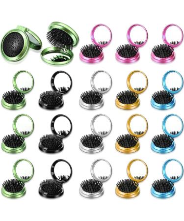 18 Pieces Folding Mirror Hair Combs Travel Mini Pocket Hair Brush Round Mini Portable Combs with Mirror for Travel Car Purse Bag (Yellow  Green  Purple  Silver  Blue  Black 18 Pieces) 18 Yellow Green Silver Purple