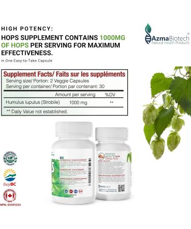 AzmaBiotech Hops Sleep Aid for Adults 1000mg 60 Vegan Capsules Natural Sleep Supplement to Promote Relaxation & Restful Sleep Non-GMO Gluten-Free 30-Day Supply Made in Canada - Buy Online on SooperMarket.com