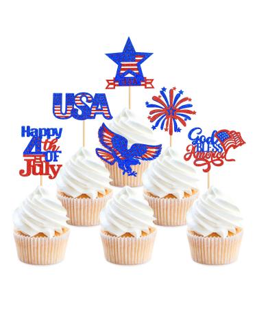 24 Pcs Independence Day Cupcake Toppers Glitter National Flag Cake Topper Picks Toothpick Toppers 4th of July Flag Day Photo Props for Patriotic Party Supplies (eagle-godbless-you)