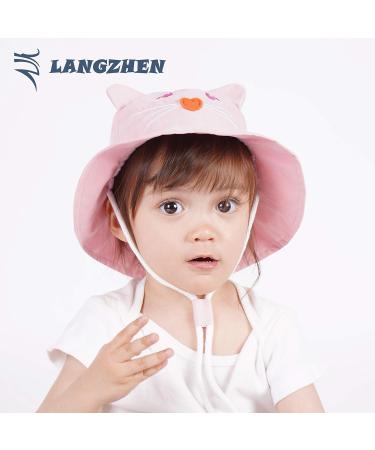 LANGZHEN Baby Girls Beach Sun Hat with Chin Strap - Pink Cat Design | Adjustable Toddler Kids Wide Brim Summer Play Hat - 6-12 Months - Buy Online on SooperMarket.com