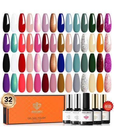 Modelones 32Pcs Gel Nail Polish Set 28 Colors All Seasons Gel Polish with Glossy& Matte Gel Top Coat No Wipe Base Coat Nail Primer Kit White Black Glitter Shimmer Colors Nail Polish Gift DIY Home