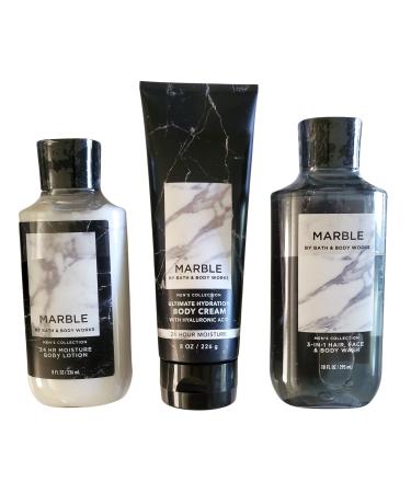BATH AND BODY WORKS MARBLE FOR MEN TRIO GIFT SET - Body Lotion - 3 IN 1 Hair  Face & Body Wash and Body Cream - FULL SIZE