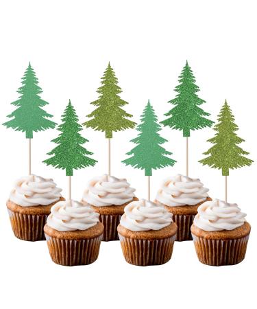 Rsstarxi 24 Pack Christmas Tree Cupcake Toppers Glitter Watercolor Assorted Xmas Green Christmas Cupcake Picks for Winter Holiday Baby Shower Birthday Christmas Party Cake Decorations Design 22