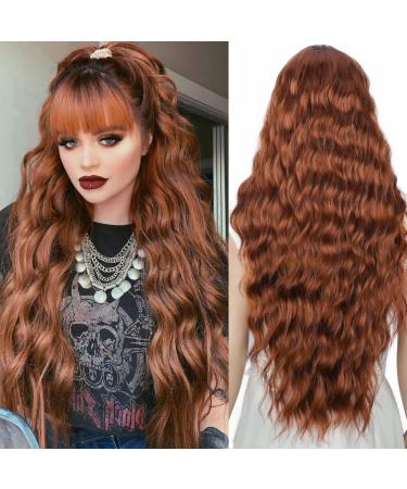 YEESHEDO Long Brown Wig With Bangs Natural Wave Wigs with Bangs Honey Brown Wigs for Women Synthetic Wavy Loose Curly Wig Heat Resistant Fiber 28 Inches (Honey Brown)