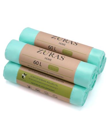 Zuras 60 liter organic waste bag 75 pieces. Compostable biodegradable garbage bags on a vegetable basis DIN EN 13432 certified and checked tear -resistant and waterproof 60l