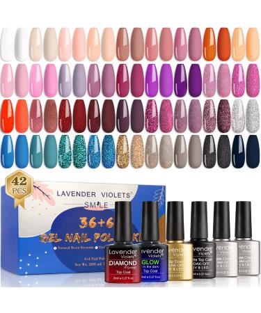 Lavender Violets 42 Pcs Gel Nail Polish Kit Set with 36 Colors Coat, 6 Bottles of Base top Coat, Glossy Matte Diamond Shine Glow in the Dark Top Coat for Nail Art C952 Winter Leaves
