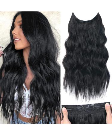 Halo Hair Extensions Invisible Wire Hair Extensions 4 Secure Clips Hair Extensions 20 Inch Long Wavy Hairpieces for Women 20 Inch Natural Black