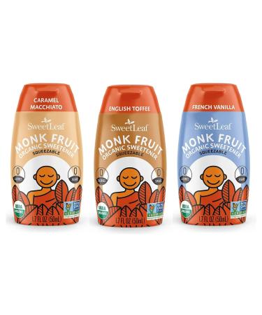 SweetLeaf Organic Monk Fruit Liquid, 1.7 Ounce - Bundle of 3 - English Toffee, French Vanilla, and Caramel Macchiato