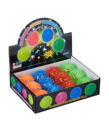 Relaxdays hedgehog ball set of 12 flashing light balls in 4 colours with knobs LED bouncy balls for children 6.5 cm colourful