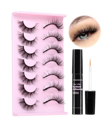 False Eyelashes with Lash Glue Wispy Cat Eye Lashes Natural Look 15MM Fluffy Strip Lashes Fake Eyelashes with Glue 7 Pairs with 5ML Eyelash Glue by PHKERATA Wispy Lashes with Glue