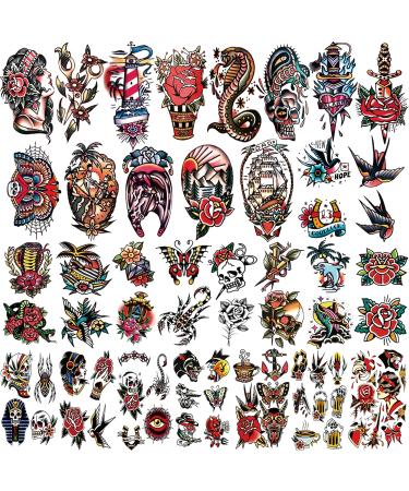 Classic Sailor Jerry Style Temporary Tattoo Sleeves - 55 Old School Stickers for Adults, Kids, Men, Women - American Traditional Flower Design - Buy Online on SooperMarket.com