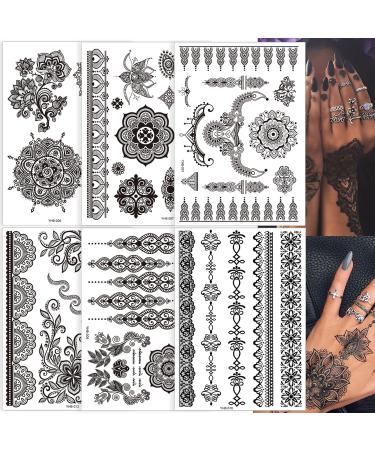 Black Henna Temporary Tattoo Stickers - Lace Pattern Body Art Design for Women - Waterproof and Sexy Mandala Flower Fake Tattoos - 6 Sheets - Buy Online on SooperMarket.com