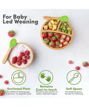 Bimba Bambino Baby Weaning Set - Bamboo Suction Plate, Bowl, 2 Spoons, Silicone Bib | Non-Toxic, Natural Bamboo, Green - Buy Online on SooperMarket.com