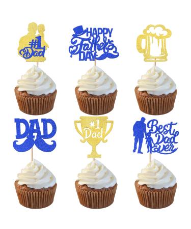 24 Pack Best Dad Ever Cupcake Toppers Glitter Happy Father's Day Cupcake Picks for Father's Day Love Dad Moustache Hat Birthday Cake Decorations Party Supplies Gold 8-blue