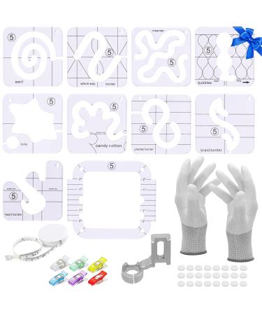 16 Pcs Quilting Template Set + Free E-Book with 9 Quilting templates of 5.5mm, Free Motion Quilting Template,1 Tape Measure Retractable, 6pcs Clips for Sewing, Quilting Gift for Quilters
