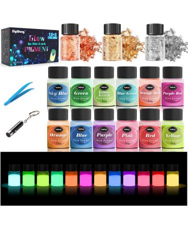 Glow in The Dark Pigment Mica Powder - 12 Colors Luminous Powder 20g/0.7oz and 3 Colors Gold Foil Flakes 2g  Epoxy Resin Color Dyes for Resin Art  Slime  Nail Art  Acrylic Paint and DIY Crafts