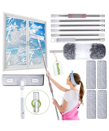 4 In 1 Window Cleaning Equipment 360 Rotation Window Cleaning Kit Expandable 25-275cm Telescopic Window Cleaner with 4 Window Wipes 1 Duster Window Cleaning Pole Cleaning Indoors and Outdoors