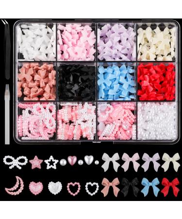 500pcs 3D Nail Charms Assorted Color Multi Shapes Mix Bow Nail Charms Cute Pearl Heart Star Moon Bowknot Rhinestones Gems Nail Decorations with Pickup Tool for Women Girls Nail DIY Accessories