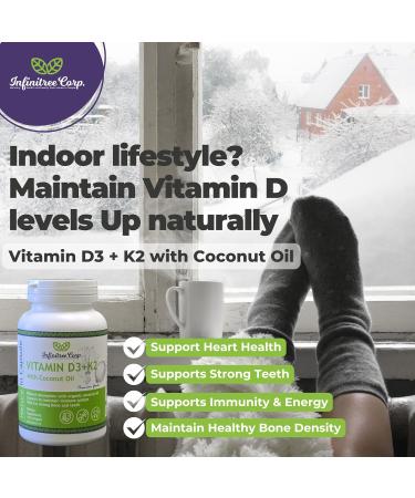 Infinitree Vitamin D3 (1000iu) + K2 (MK-7 / 120mcg) with Virgin Coconut Oil - 120 Softgels Immune Support Bone & Teeth Health High Absorption Made in Canada - Buy Online on SooperMarket.com