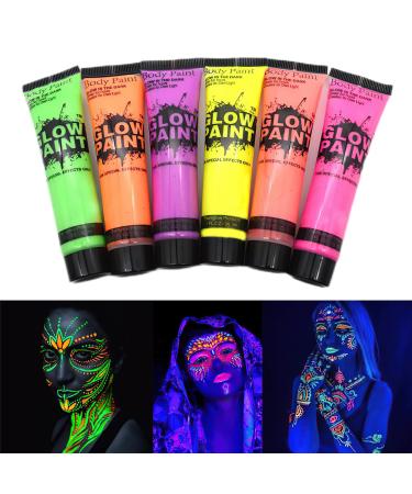 MIELIKKI 6Pcs UV Black Light Glow Face & Body Paint Set  Blacklight Glow Makeup Kit  Neon Fluorescent Face Paints for Rave Festivals  Parties  Night-Out  Easy to Use & Remove  Vibrant Colors