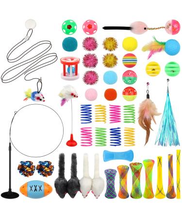 QUOZUO 50 Pcs Cat Toy Kitten Toys set Interactive cat Toy with Suction Cup Wand Hanging Door Flying cat Toys for Indoor Cats Cat Spring Toy Cat Toy Mouse cat ball toy Cat Crinkle Balls