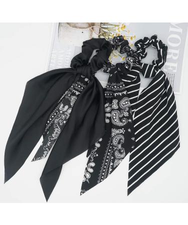 Black Floral/Striped Scarf Scrunchie Set - 5pcs Chiffon/Silk Hair Ties for Women - Buy Online on SooperMarket.com