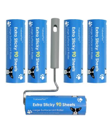 YabeePet Extreme Sticky Large Surface Lint Roller Long Handle Pet Hair Remover Designed for Removing Pet Dog Cat Hair 90 Sheets per roll 16cm Width (1 Roller+4 Refills) 1Roller+4Refills