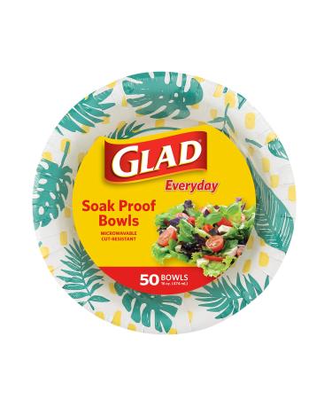Glad Disposable Heavy Duty Cut Resistant Microwave Safe Paper Bowls with Palm Leaves Design for Hot Soup and Ice Cream for Everyday Use, 16 Oz, 50 Count 16 oz Bowls - 50 Count