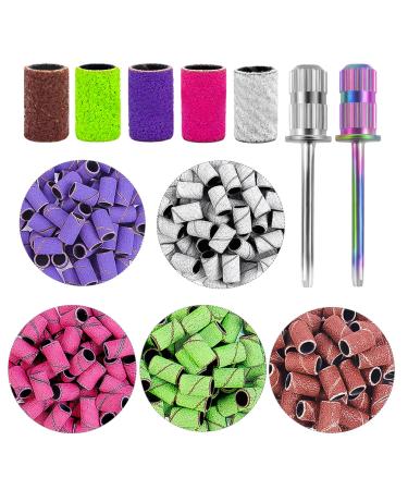 Sanding Bands for Nail Drill 300 Pcs 5 Color Coarse Fine 80#120#150#180#240# Grits Professional Nail Sanding Bands with 2Pcs Nail Drill Bits for Acrylic Nails Manicures and Pedicure