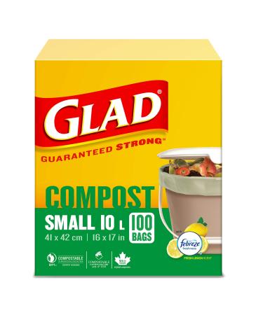 Glad 100% Compostable Bags - Small 10 Litres - Lemon scent 100 Compost Bags 100 count (Pack of 1)