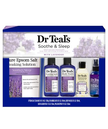 Dr Teal's Lavender Soothe & Sleep Full Regimen 5-piece Gift Set (Epsom Salt Soaking Solution, Foaming Bath, Body Wash, Moisturizing Bath & Body Oil, Pillow Spray)