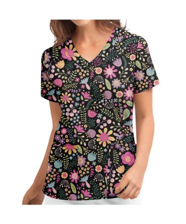 TUNUSKAT Womens Flower Nurse Uniform Fashion Print Short Sleeve Scrub Tops With Pocket Slim Fit V Neck Workwear Blouses X-Large 01*red