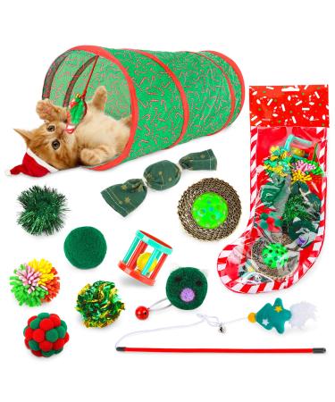 Christmas Cat Toys Collapsible Cat Tunnels for Indoor Interactive Cat Feather Toy Christmas Stocking with Cat Ball Toys, Crinkle Balls for Cat, Mice Toys for Indoor Cats & Kitten
