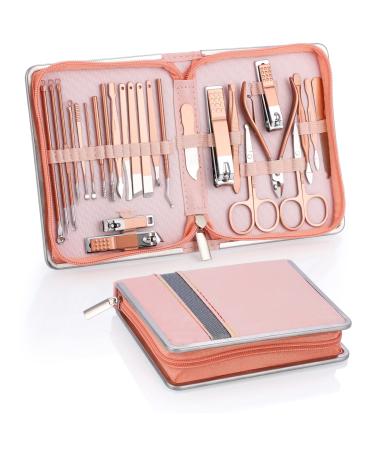 Coolzon manicure set 26-part professional nail clip set stainless steel nail set Tools for manicure and pedicure nail shaping cleaning advanced zip pocket design rose