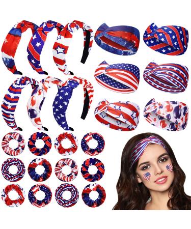 Jexine 12 Pcs Patriotic Headband American Flag Hairband 4th of July Red White Blue Twisted Hair Warps USA Bow Knotted Wide Headband with 12 Elastic Hair Scrunchies for Independence Day Women Girls