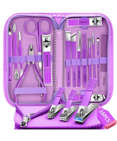 Manicure Pedicure Set - 16 Pcs Nail Clipper Set Professional Nail Grooming Tools Manicure Pedicure Kit Nail Care Kit Idea for Men Women with Travel Case Purple