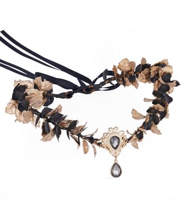 MOSTORY Handmade Black Eucalyptus Flower Crown Golden Leaf Headband for Carnival Viking Floral Headpiece for Women Womens Medieval Renaissance Festival Cosplay Party Costumes Gold Black