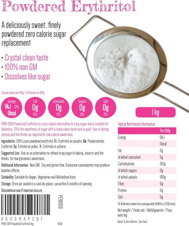 PINK SUN Erythritol Sweetener Powdered 1kg (or 2kg 3kg 5kg) Fine Powder Natural Icing Sugar Replacement Zero Calories Non GMO 1000G 1 kg (Pack of 1) - Buy Online on SooperMarket.com