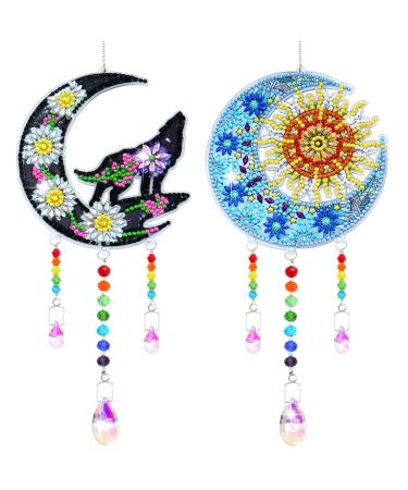 ZYNERY 2 PCS Diamond Painting Wind Chime  Diamond Painting Suncatcher Kit Diamond Art for Adults Kids  Diamond Painting Kits Hanging Pendant for Home Garden Outdoor Decor (Moon Wolf  Moon Sun) Moon*2
