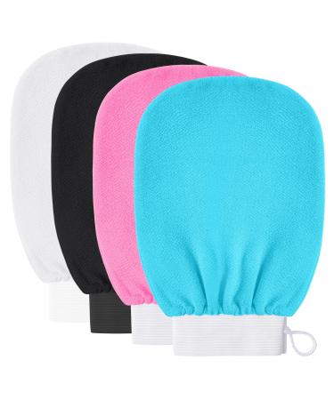 WIFUN 4 PCS Exfoliating Gloves Body Scrub Gloves Deep Body Exfoliator Mitt Dead Skin Remover Shower Scrubbing Gloves for Women and Men (Black White Blue Rose Red)