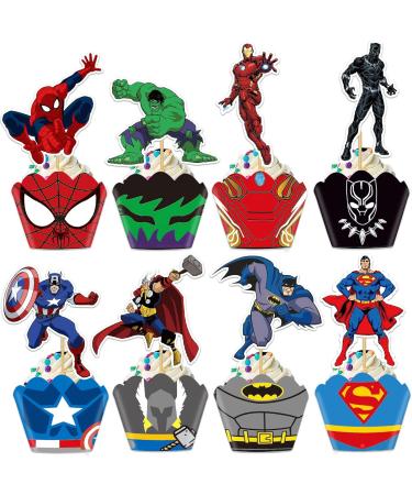 48Pcs Superhero Cupcake Toppers and Wrappers for Cake Decorations, Superhero Cake Topper Birthday Party Supplies.