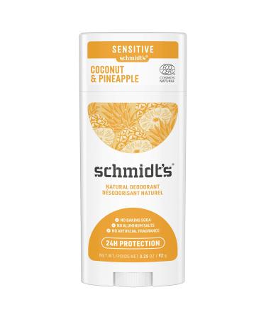 Schmidt's Aluminum Free Baking Soda-Free Sensitive Skin Natural Deodorant For 24 Hour Odor Protection and Freshness, Coconut + Pineapple Vegan, Certified Cruelty Free, 3.25 oz Coconut,Pineapple 3.25 Ounce (Pack of 1)