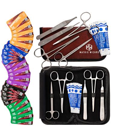 Suture Threads with Needle - 25 Mixed Dissolvable and Non-Dissolvable and 12 Tool Kit (37PK): Camping Survival Military Tactical Drill Clinic Rotation Suturing First Aid Hiking Safety Demo