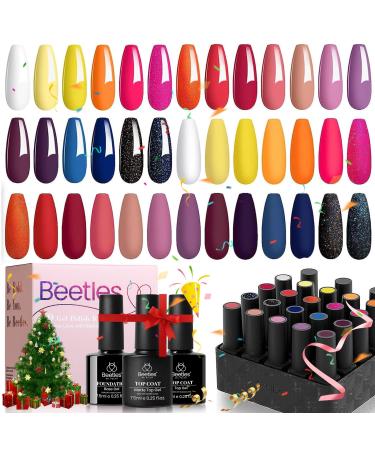 Beetles 20 Pcs Gel Nail Polishes Sunset Soiree Set Fall Winter Gel Polish Set Soak Off Glitter Black Orange-Red Purple Dark Blue Gel Nail Kit with Top Coat Base Gel Halloween Nails Art Gifts for Women Sunset Soiree Collection